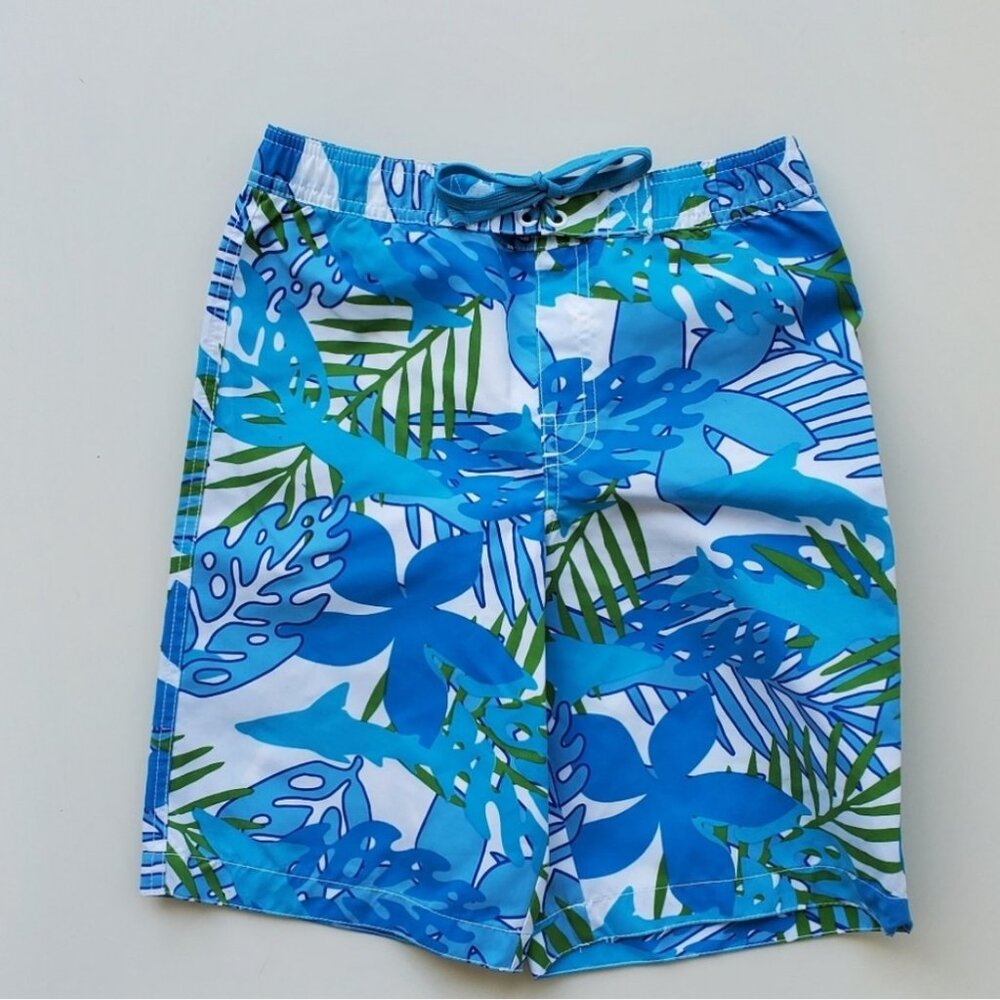 Boys blue tropical print swim shorts